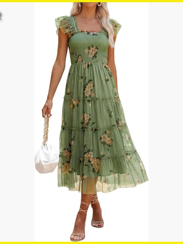 Boho Floral Midi Dress Sleeveless Smocked Ruffle Tulle Elegant Party Wear